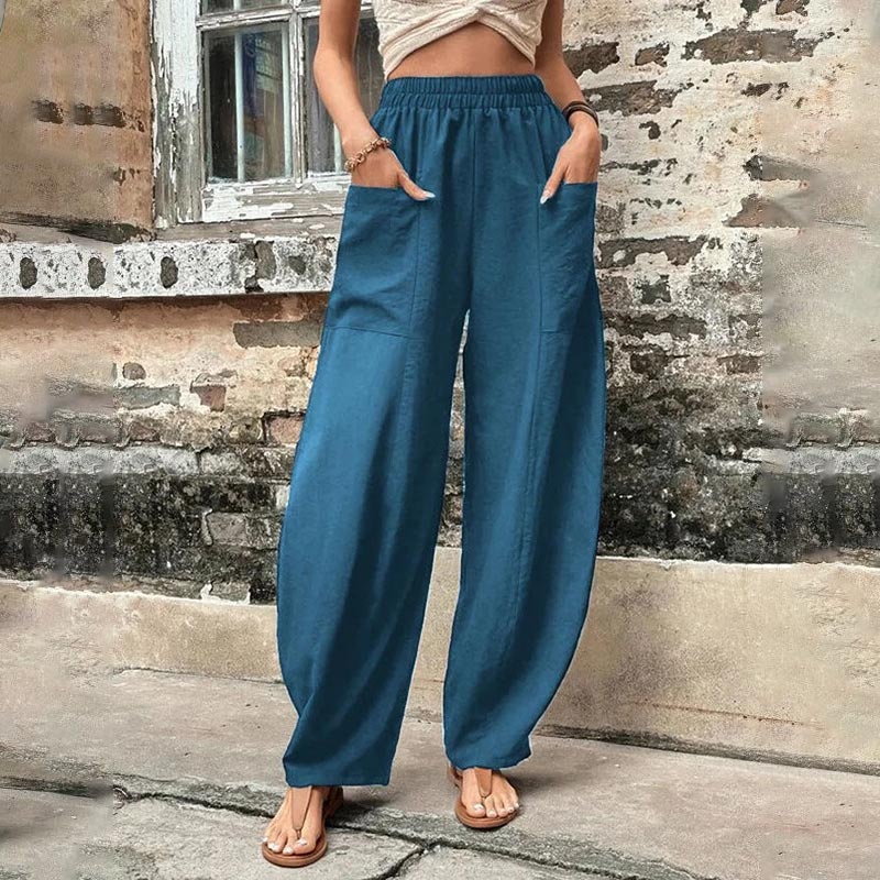 Trendy Elastic Hight Waist Solid Color Pockets Casual Straight Pants