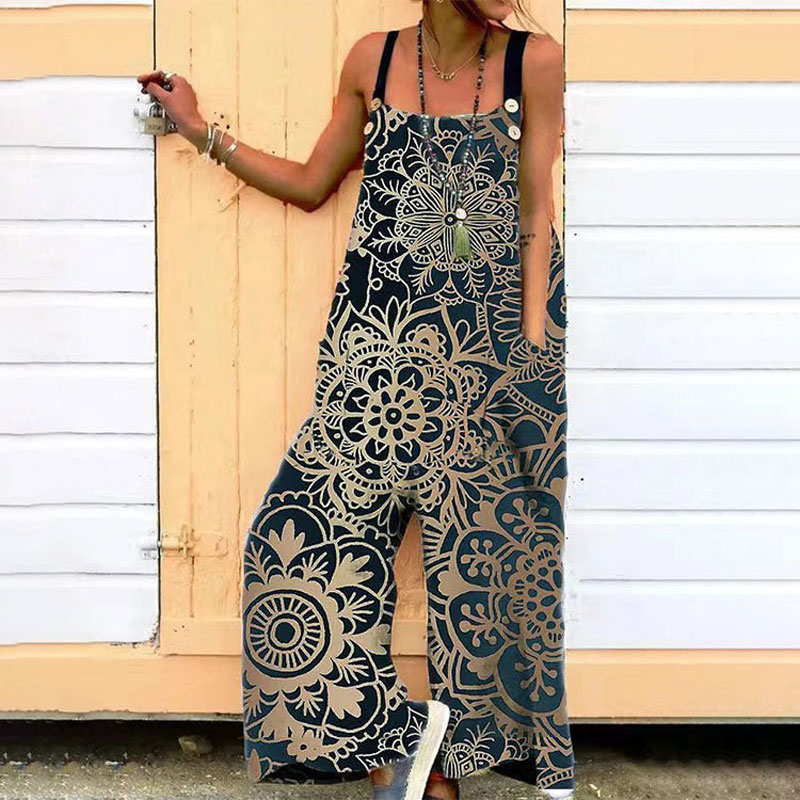 Pocket Floral Printed Belt Sling Square Neck Jumpsuit