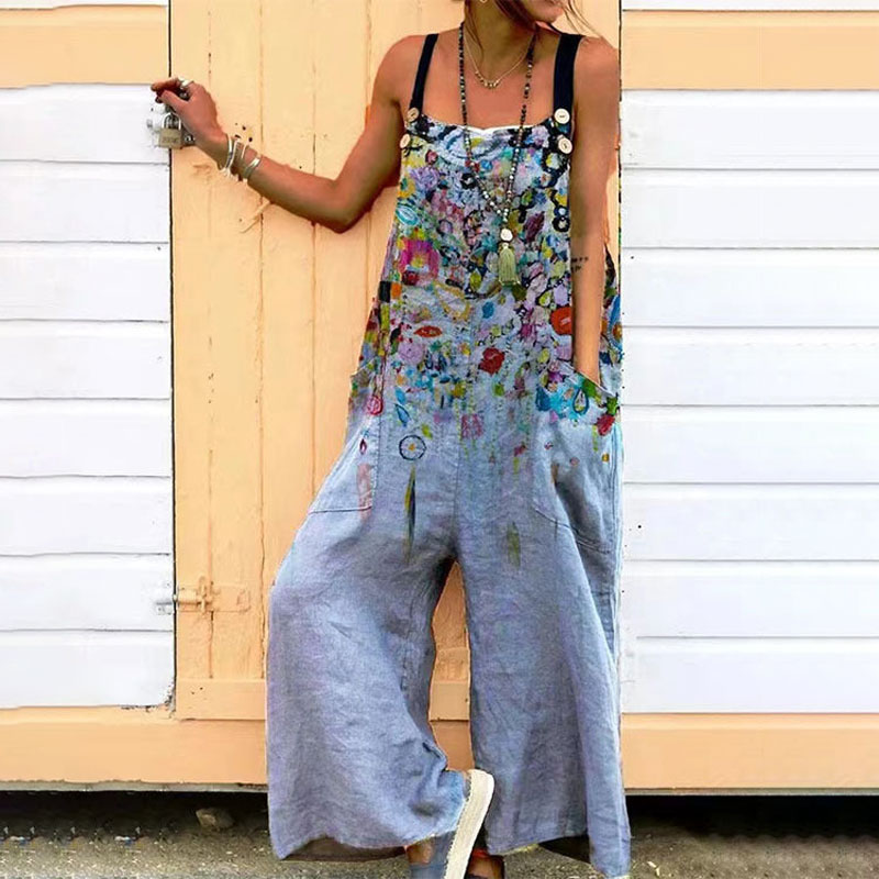 Pocket Floral Printed Belt Sling Square Neck Jumpsuit