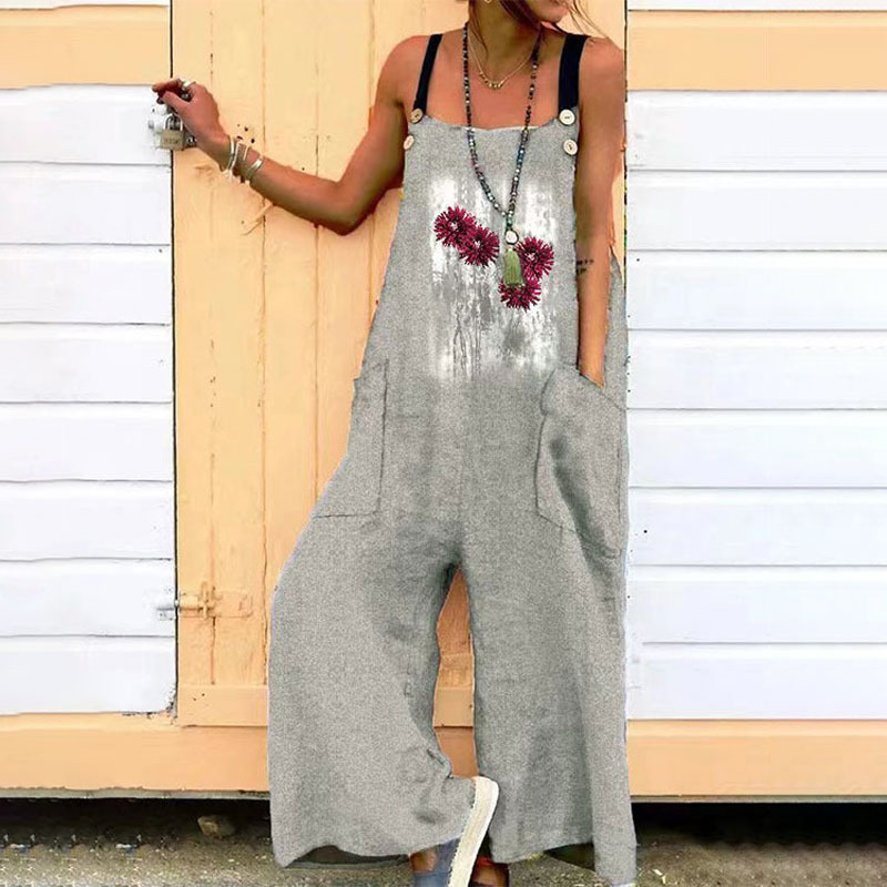 Pocket Floral Printed Belt Sling Square Neck Jumpsuit