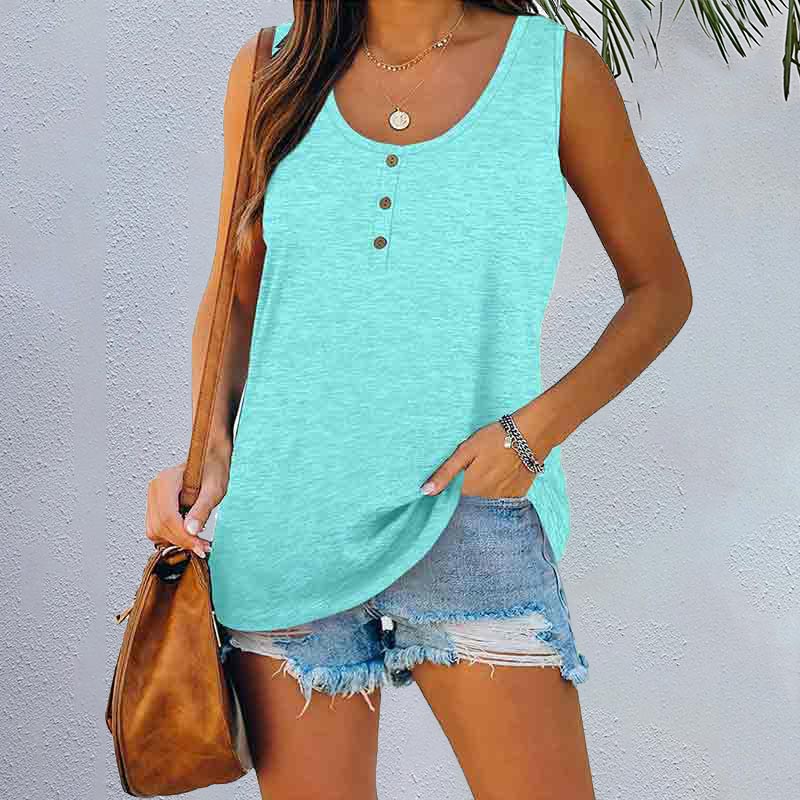 Solid Color Button Round Neck Sleeveless Loose T-shirt