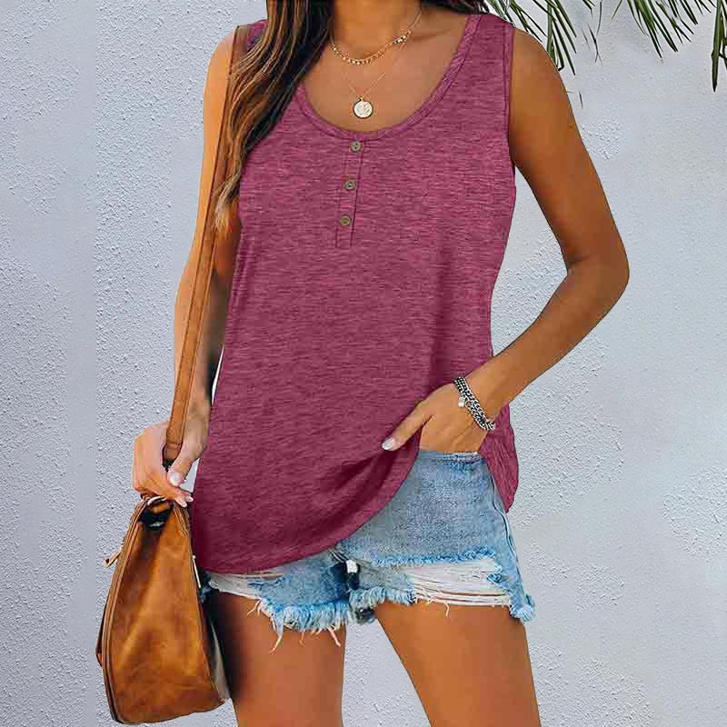 Solid Color Button Round Neck Sleeveless Loose T-shirt