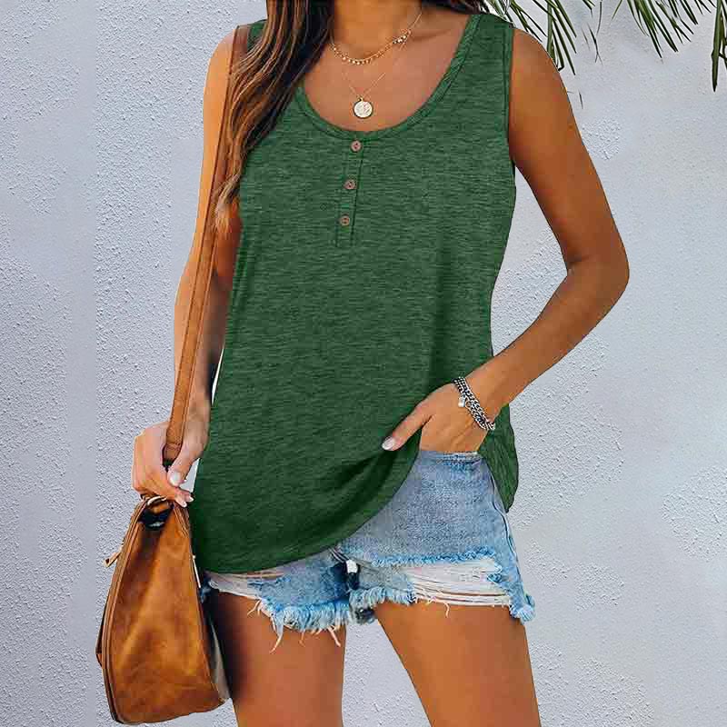 Solid Color Button Round Neck Sleeveless Loose T-shirt