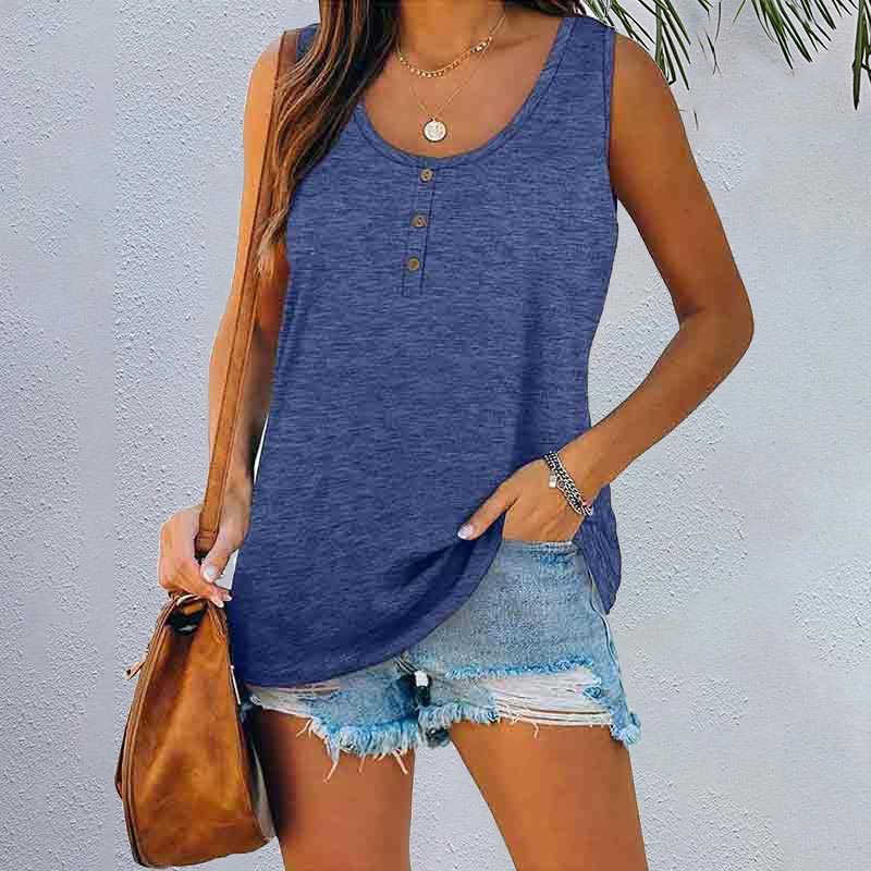 Solid Color Button Round Neck Sleeveless Loose T-shirt