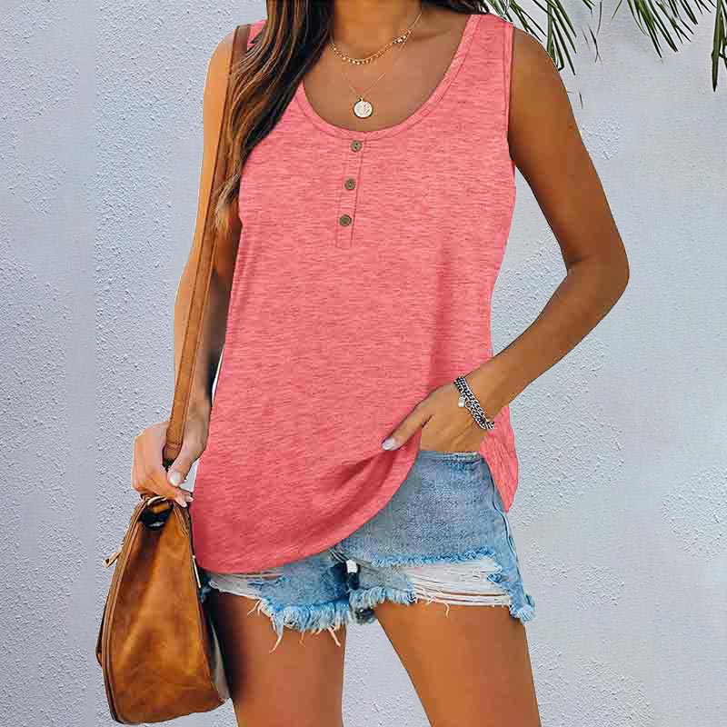 Solid Color Button Round Neck Sleeveless Loose T-shirt