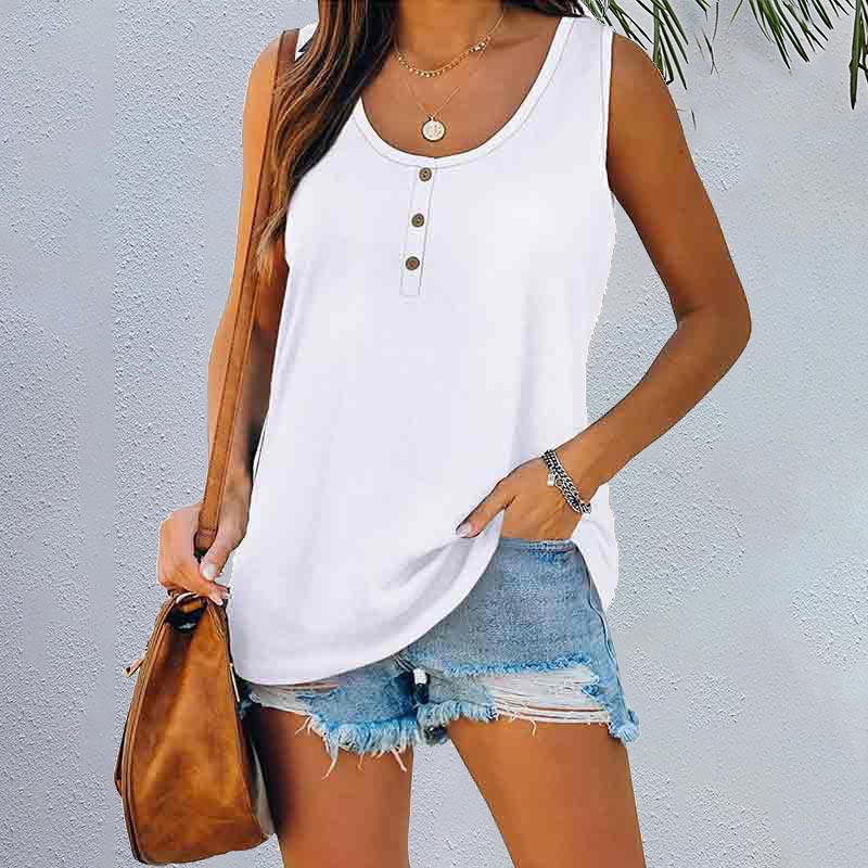 Solid Color Button Round Neck Sleeveless Loose T-shirt