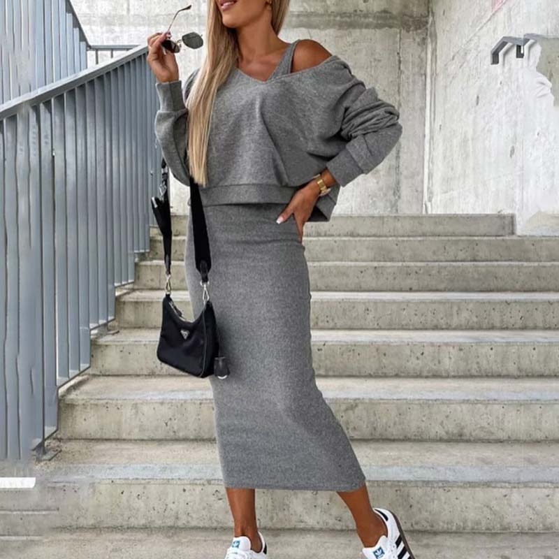 Elegant V-neck Hoodie and Dress Outfits Matching Two-piece Set