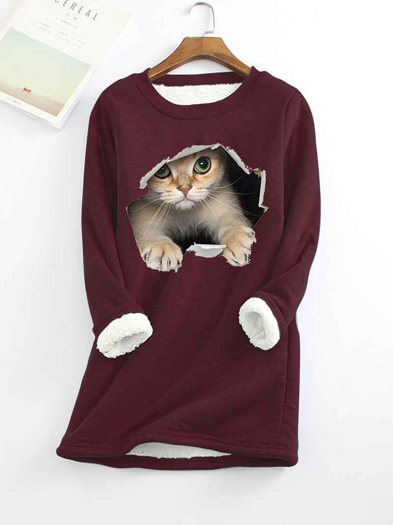 Cat Printed Thickened Fleece Warm Autumn and Winter Sweatshirt