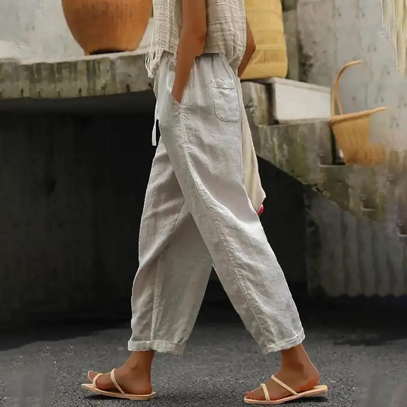 Casual Cropped Trousers Loose Cotton Linen Elastic Waist Pants