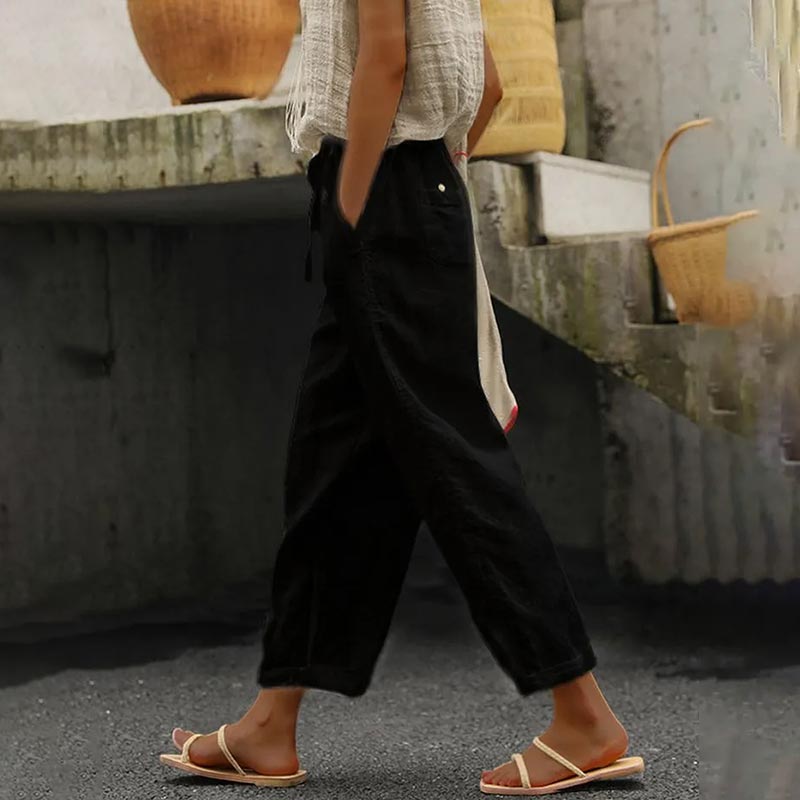 Casual Cropped Trousers Loose Cotton Linen Elastic Waist Pants