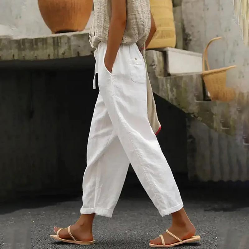 Casual Cropped Trousers Loose Cotton Linen Elastic Waist Pants