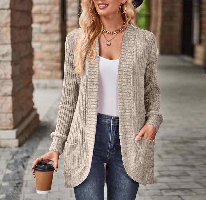 Solid Color Velvet Ribbed Button Free Autumn Winter Pockets Cardigan Top