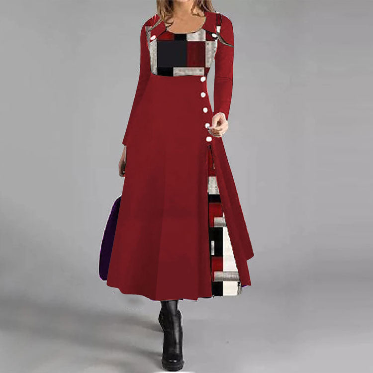 Colorblock Button Decorated Autumn and Winter A-line Dress