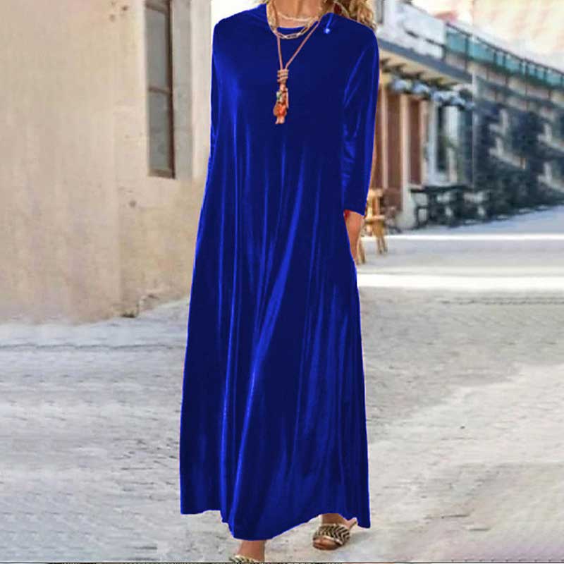 Elegant Solid Color Velvet Round Neck PocketsStretchy Maxi Dress