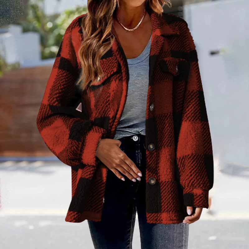 Plaid Printed Single Breasted Plush Pockets Coat