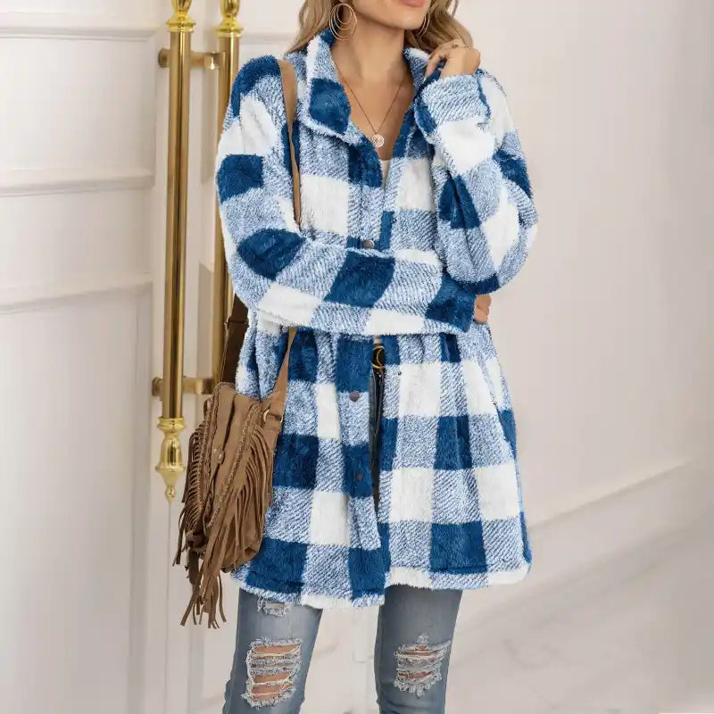 Plaid Lapel Single-breasted Plush Loose Autumn Winter Coat