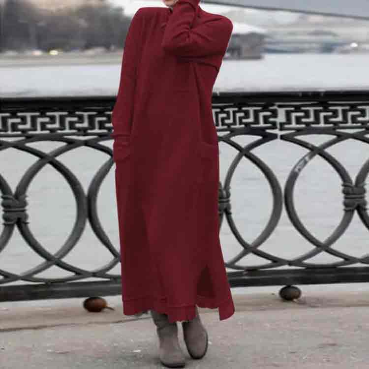 Retro Solid Color Loose Fleece Pockets Autumn Winter Dress