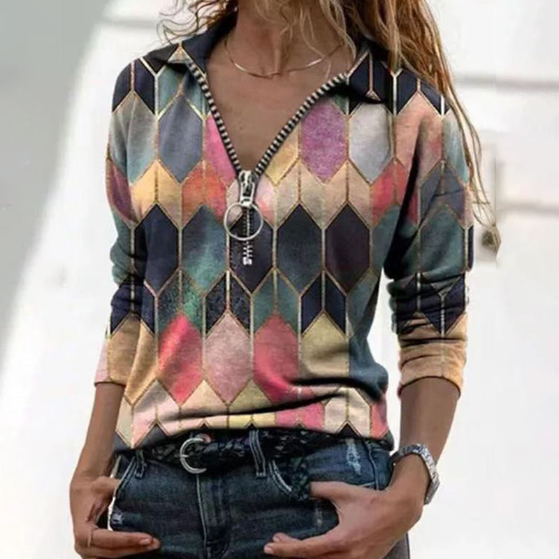 V-neck Printed Zipper Lapel Long-sleeved T-shirt