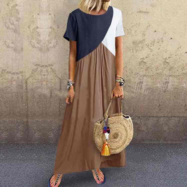 Geometric Stitching Color Blocking Short Sleeve A-line Dress