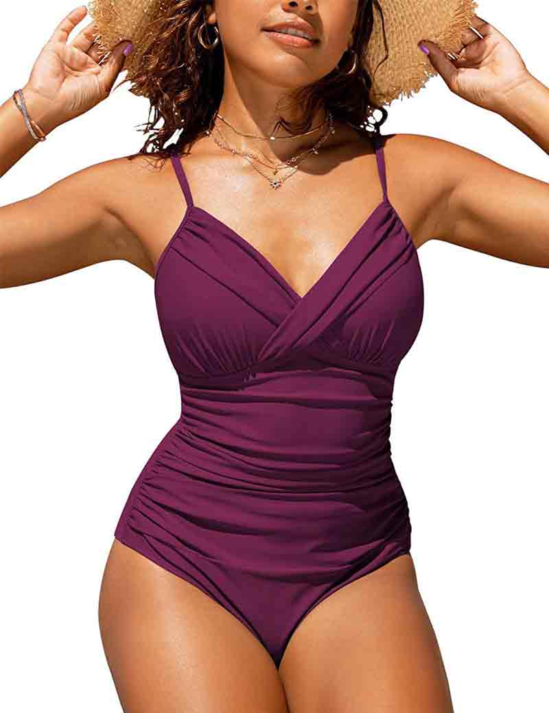 Solid Color Crossover Pleated Bodycon Bikini Swimsuit