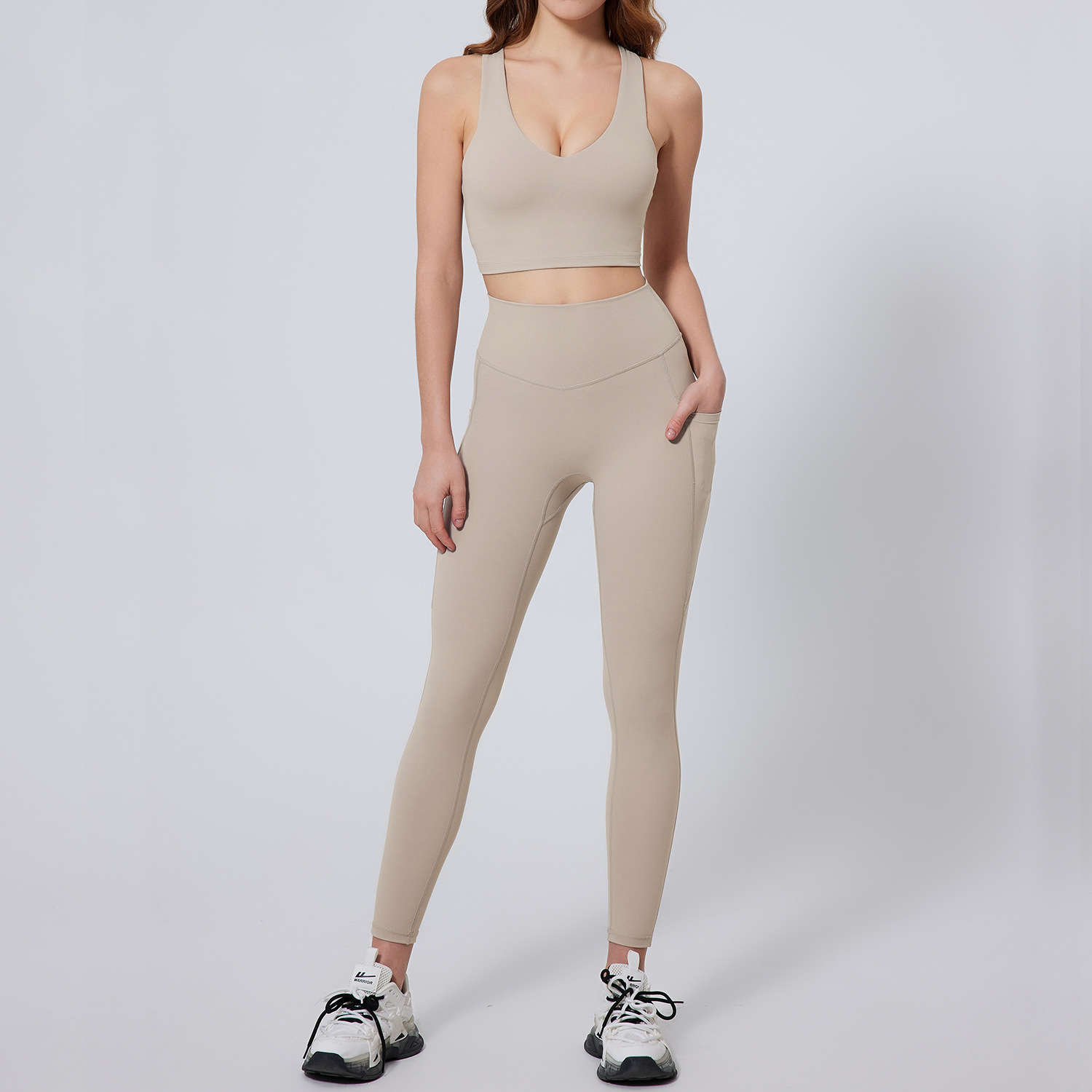 High Waist Yoga Suit Sportswear Vest And Pocket Pants Two Piece Set