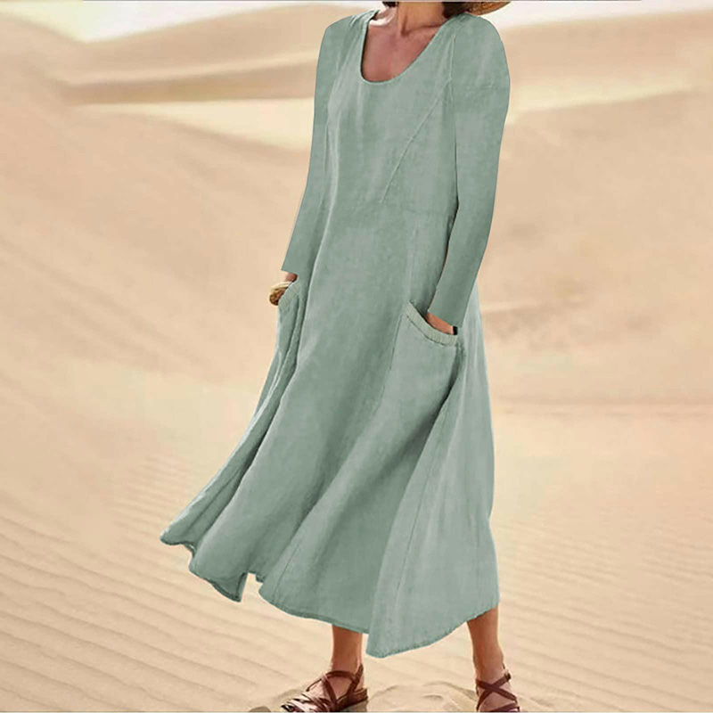 Elegant Long Sleeve Solid Color A-line Pockets Maxi Beach Dress