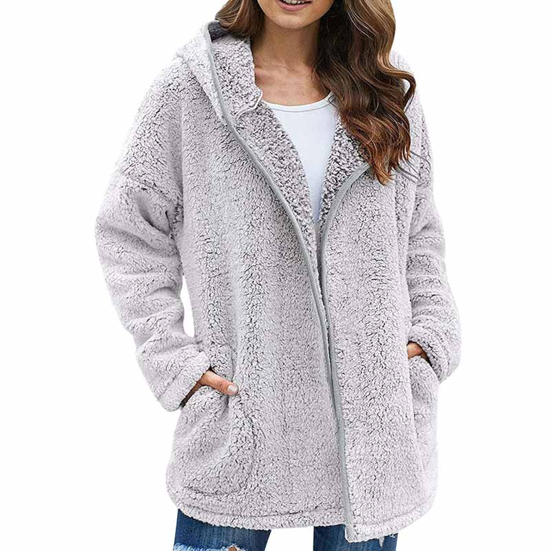 Solid Color Plush Hooded Pockets Autumn Winter Cardigan Coat