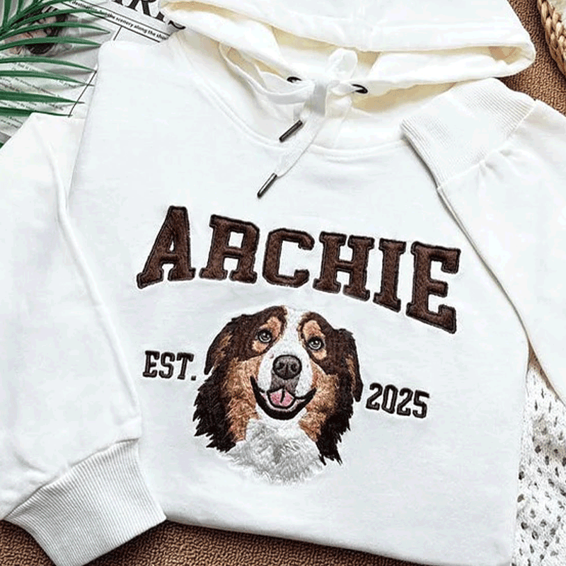 Custom Pet Portrait Embroidery Hoodie Furry Baby Face Name And Year