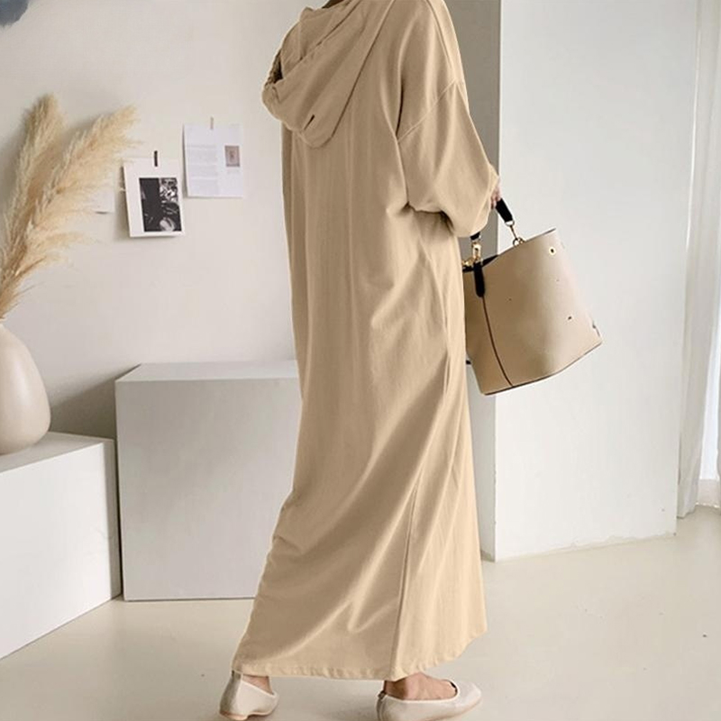 Fashion Solid Color Long Sleeve Hooded Pockets Loose Long Dress 