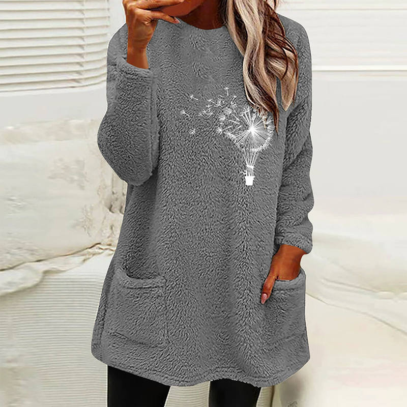 Fashion Dandelion  Printed Plush Warm Autumn Winter Pockets Long Sweatshirt
