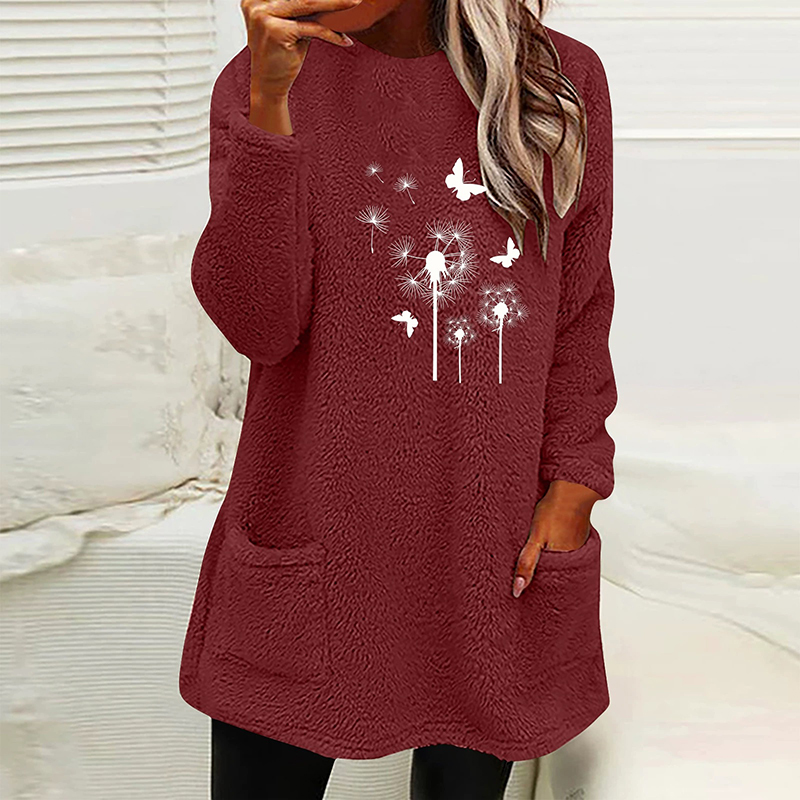 Dandelion Printed Plush Warm Autumn Winter Pockets Long Sweatshirt