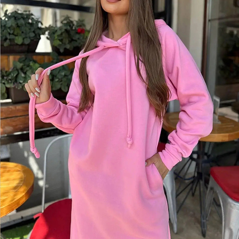 Trendy Hooded Fleece Thickened Autumn Winter Pockets Sweatshirt Dress
