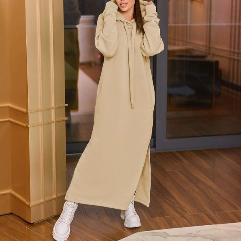 Thickened Autumn Winter Fleece Dress Hooded Pockets Sweatshirt Dress