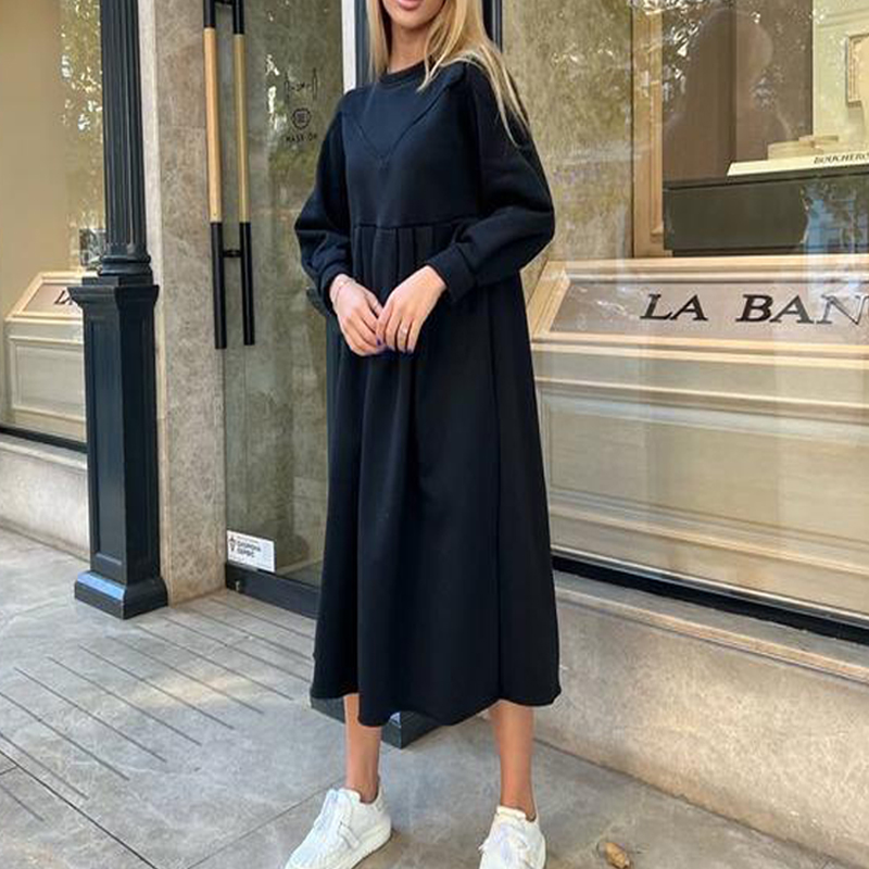 Fashion Thickened Fleece Autumn Winter Pleated A-line Sweatshirt Dress