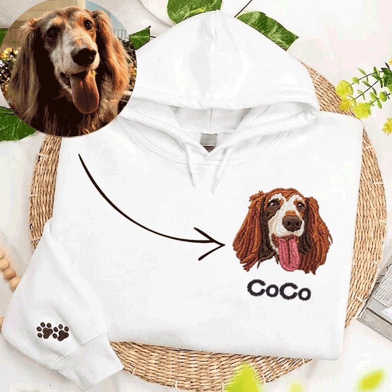 Custom Pet Portrait Embroidery Hoodie Furry Baby Face Name Keepsake