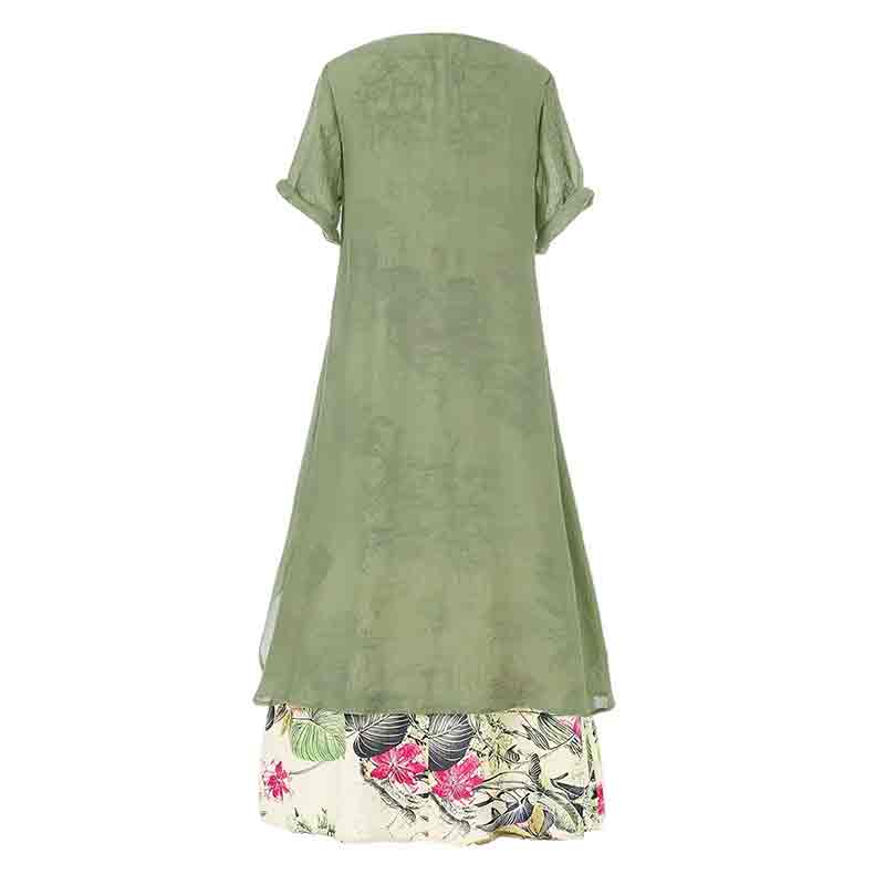 Flower Printed Button Round Neck Short Sleeve A-line Dress