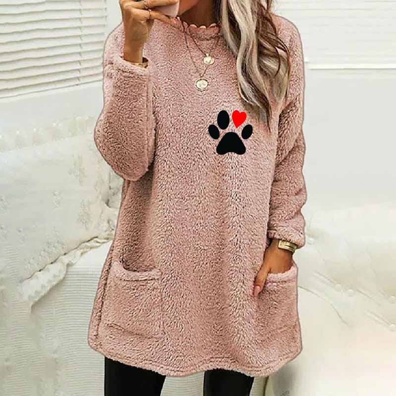 Paw Prints Plush Warm Autumn Winter Pockets Long Sweatshirt