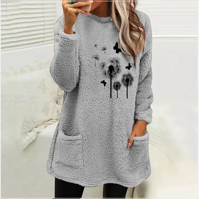 Dandelion Printed Plush Warm Autumn Winter Pockets Long Sweatshirt