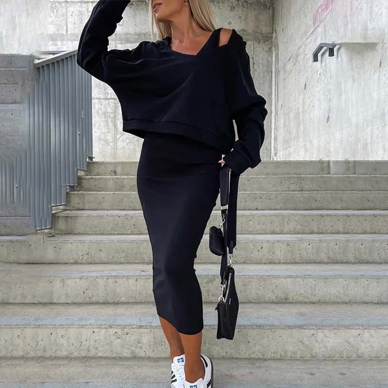Elegant V-neck Hoodie and Dress Outfits Matching Two-piece Set