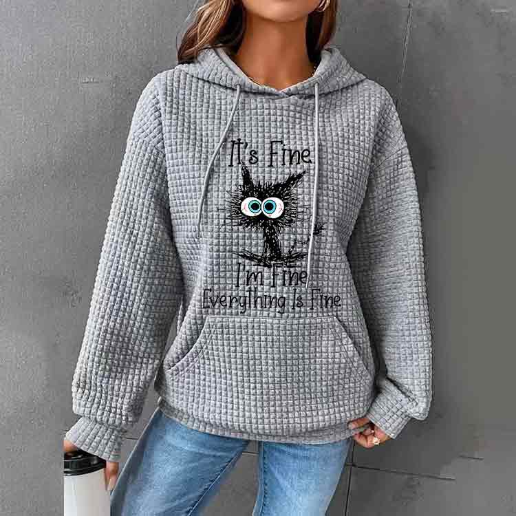 Cat Printed Waffle Long Sleeve Pocket Hooded Sweatshirt