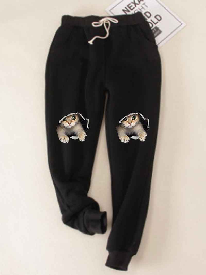Cats Printed Thickened Fleece Warm Autumn Winter Loose Sweatpants