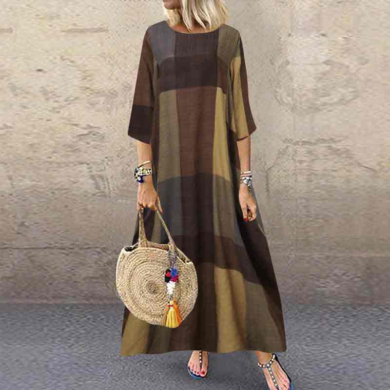 Vintage Round Neck Three Quarter Sleeve Plaid Printed Dress