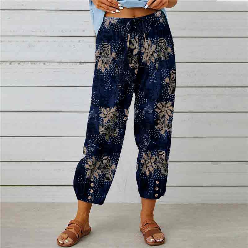 Retro Printed Elastic Waist Drawstring Button Decorated Cropped Trousers