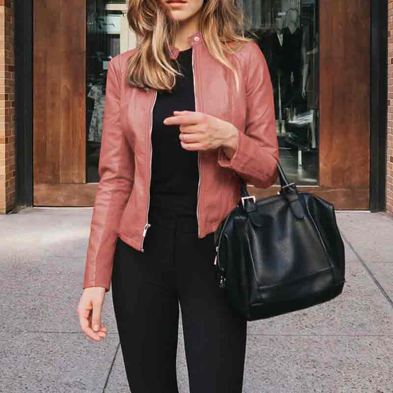 Solid Color Fashion Stand Neck Leather Zippered Jacket Coat