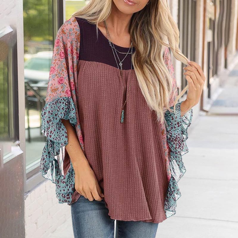 Fashion Printed Ruffle Sleeve Tunic Blouse Color Block Waffle Shirt