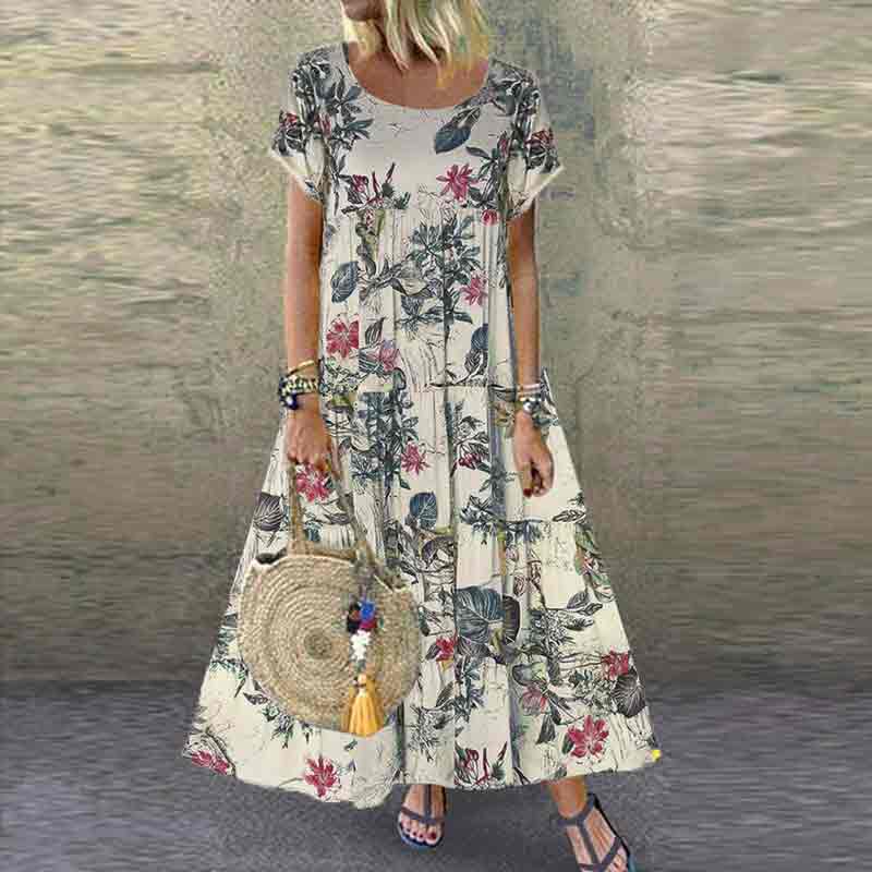 Vintage Floral Printed Short Sleeve A-line Maxi Dress