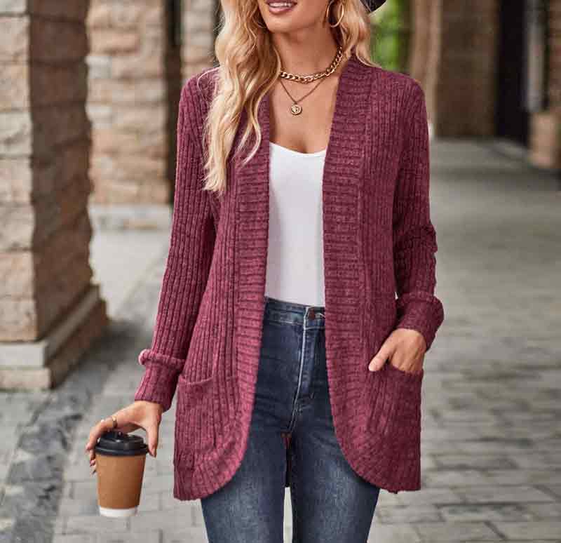 Solid Color Velvet Ribbed Button Free Autumn Winter Pockets Cardigan Top