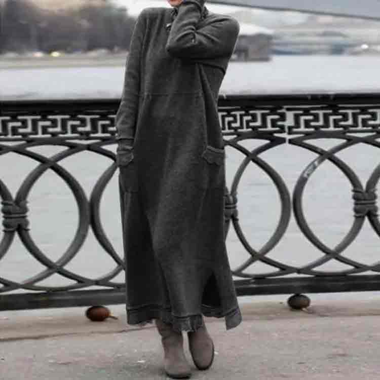 Retro Solid Color Loose Fleece Pockets Autumn Winter Dress