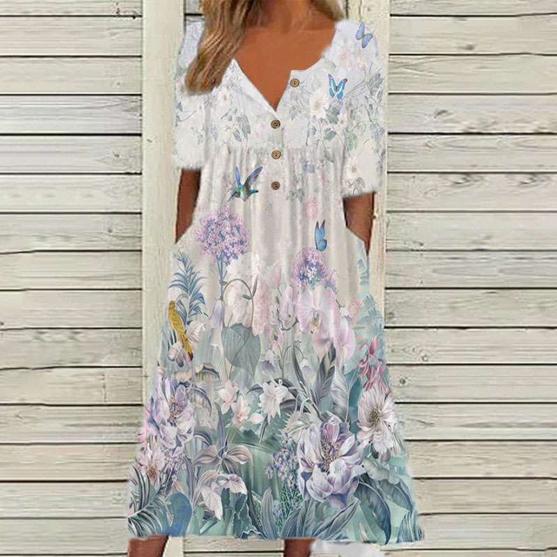 Trendy Floral Printed Button V-neck Pockets A-line Dress