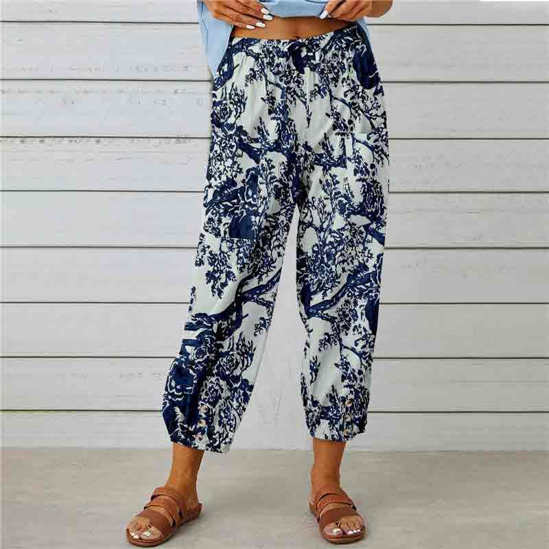 Retro Printed Elastic Waist Drawstring Button Decorated Cropped Trousers
